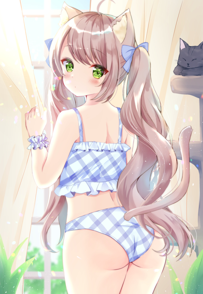 1girl, ahoge, animal_ears, ass, bangs, bare_arms, bare_shoulders, black_cat, blue_bow, blue_panties, blush, bow, brown_hair, camisole, cat, cat_ears, cat_girl, cat_tail, closed_mouth, cowboy_shot, curtains, eyebrows_visible_through_hair, frills, from_behind, green_eyes, hair_bow, hamikoron, highres, indoors, long_hair, looking_at_viewer, looking_back, original, panties, scrunchie, sidelocks, solo, tail, thighs, twintails, underwear, underwear_only, unmoving_pattern, very_long_hair, wrist_scrunchie