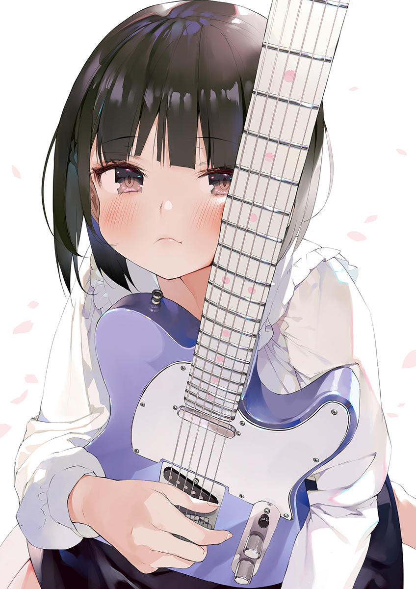1girl, black_skirt, blouse, blush, brown_eyes, brown_hair, closed_mouth, electric_guitar, fender_telecaster, guitar, highres, holding, holding_instrument, instrument, looking_at_viewer, matsui_hiroaki, original, short_hair, skirt, solo, white_background, white_blouse