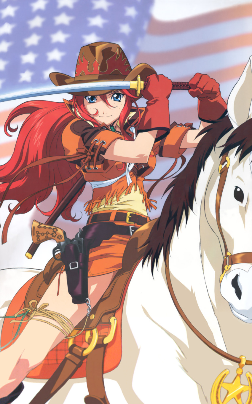 american_flag, blue_eyes, cowboy_hat, cowgirl, freckles, gemini_sunrise, gloves, gun