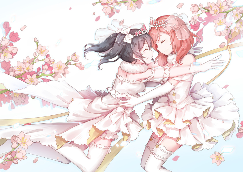 2girls, bare_shoulders, black_hair, blush, closed_eyes, dress, elbow_gloves, flower, frills, garter_straps, gloves, hair_ornament, jewelry, kyomono_(hjxop), love_live!, love_live!_school_idol_festival, love_live!_school_idol_project, multiple_girls, nishikino_maki, redhead, smile, thigh-highs, tiara, twintails, wedding, wedding_dress, white_dress, white_legwear, yazawa_nico, yuri