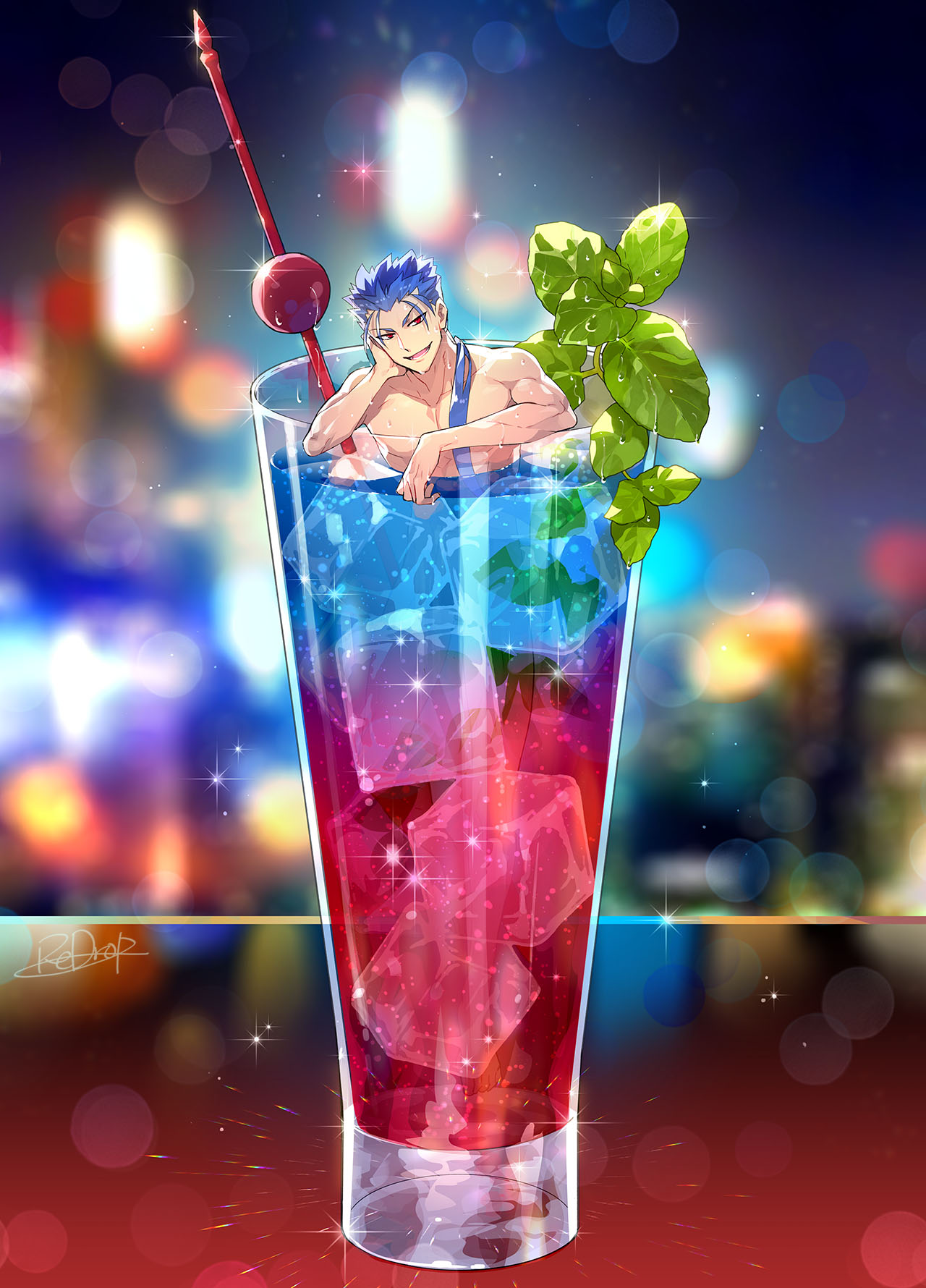 1boy, arm_rest, blue_hair, blurry, cocktail, cocktail_pick, cu_chulainn_(fate)_(all), depth_of_field