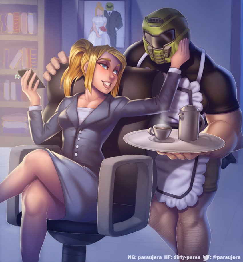 1boy, 1girl, alternate_costume, andre_parcesepe, apron, arm_up, armor, bare_arms