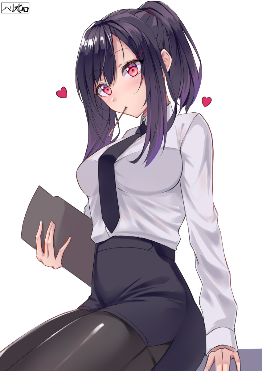 1girl, absurdres, bangs, black_legwear, black_neckwear, breasts, clipboard, collared_shirt