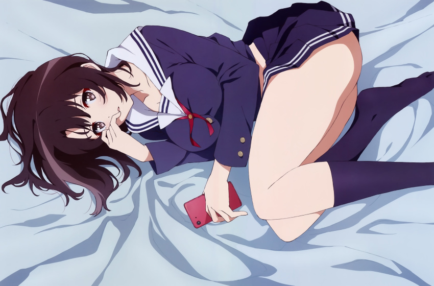 1girl, absurdres, ass, bangs, bare_legs, bed, bed_sheet, black_hair