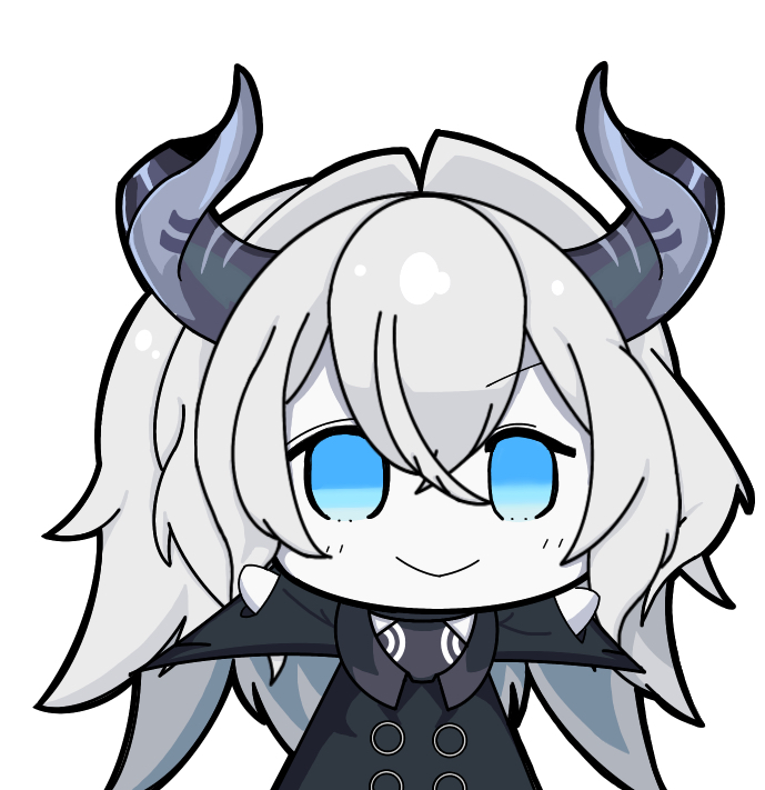 1girl, :>, arms_up, azur_lane, bangs, black_jacket, blue_eyes, buttons, chibi, collared_jacket, commentary_request, crossed_bangs, demon_horns, eyebrows_visible_through_hair, hair_between_eyes, horns, jacket, long_hair, long_sleeves, looking_at_viewer, nejikirio_(style), pale_skin, parody, sentinel_(ver20), sidelocks, silver_hair, simple_background, siren_omitter_(azur_lane), smile, solo, style_parody, upper_body, white_background