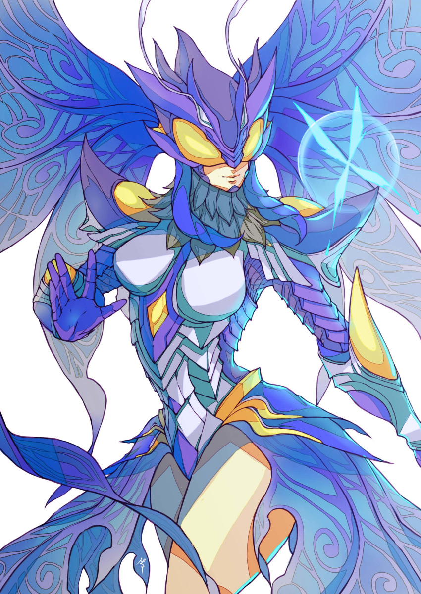 1girl, absurdres, antennae, armored_leotard, bare_thighs, blue_butterfly, breasts, butterfly_wings, covered_eyes, cowboy_shot, digimon, english_commentary, fur_collar, gauntlets, gloves, hair_wings, helmet, highres, hudiemon, leotard, looking_at_another, medium_breasts, nateasora, open_hand, purple_gloves, purple_hair, see-through, shoulder_armor, sidelocks, signature, simple_background, smile, solo, white_background, wings