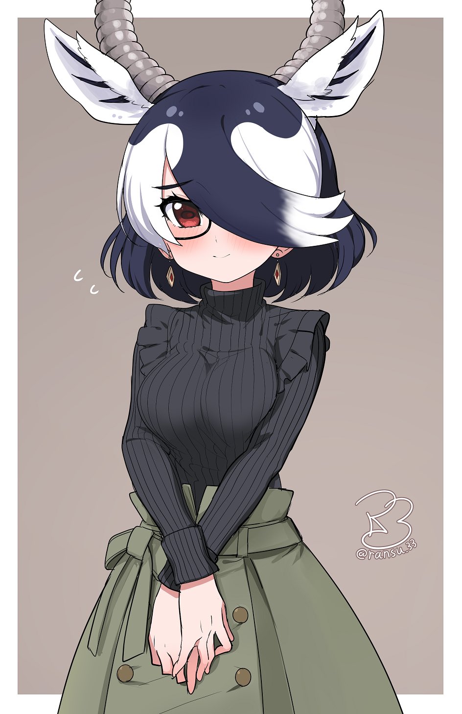 1girl, alternate_costume, alternate_eyewear, antelope_ears, antelope_horns, bespectacled, black_hair, black_shirt