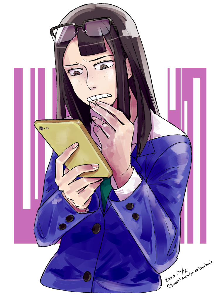1girl, asymmetrical_bangs, bangs, black_hair, blazer, cellphone, dated, eizouken_ni_wa_te_wo_dasu_na!