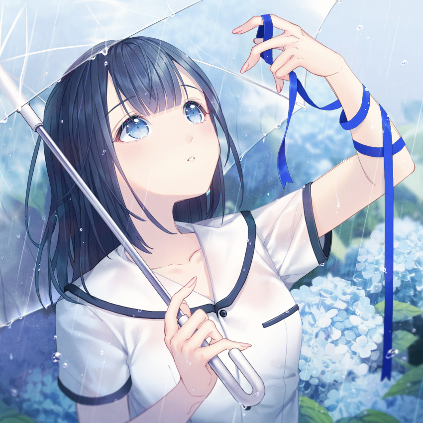 1girl, bangs, black_hair, blue_eyes, blue_ribbon, blue_theme, blush, fingernails