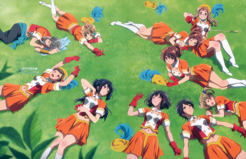 6+girls, :d, absurdres, ahoge, arms_up, band_uniform, bangs, bare_legs