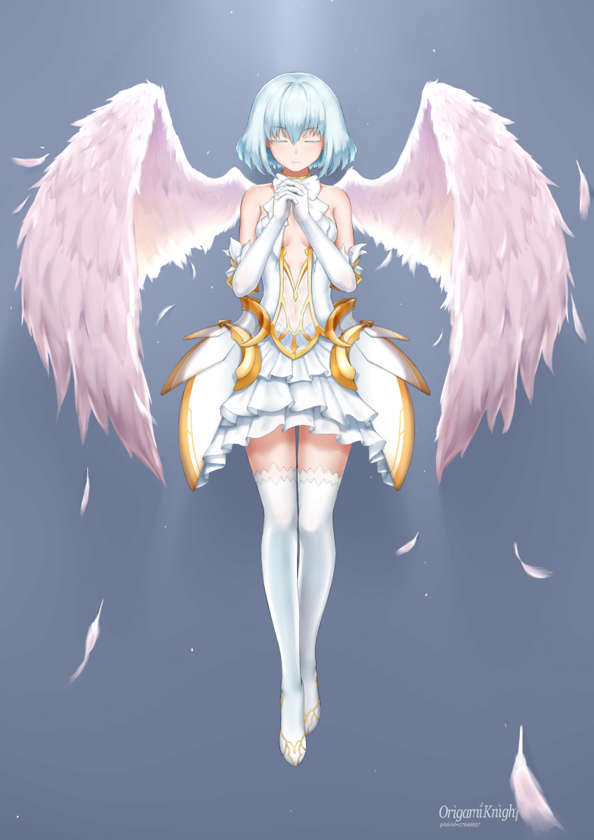 1girl, absurdres, bare_shoulders, bow, bowtie, center_opening, closed_eyes, commentary_request, date_a_live, dress, elbow_gloves, facing_viewer, feathered_wings, feathers, full_body, gloves, hair_between_eyes, highres, interlocked_fingers, layered_dress, navel, origamiknight, pleated_dress, see-through, short_hair, signature, silver_hair, sleeveless, sleeveless_dress, smile, solo, thigh-highs, tobiichi_origami, white_dress, white_gloves, white_legwear, white_neckwear, white_wings, wings
