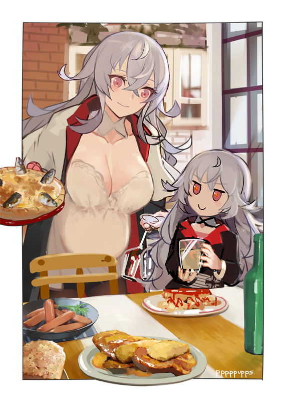 2girls, azur_lane, bangs, black_flower, black_swimsuit, bra, bra_peek, cape
