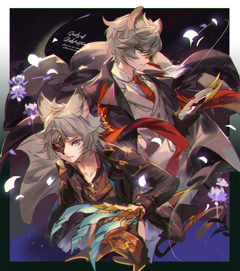 2boys, alternate_costume, animal_ears, blue_eyes, blue_hair, claws, erune, formal