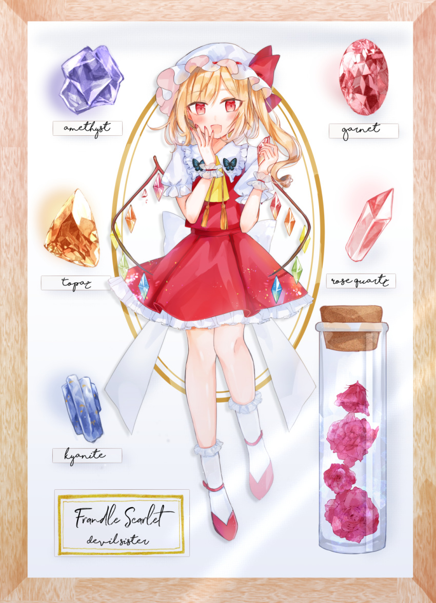 1girl, :d, amethyst_(gemstone), anklet, bangs, blonde_hair, bobby_socks, broken, bug, butterfly, character_name, commentary_request, cravat, english_text, eyebrows_visible_through_hair, fang, fingernails, flandre_scarlet, flower, frame, frilled_shirt_collar, frills, full_body, garnet_(gemstone), hand_on_own_face, hat, hat_ribbon, herbarium, highres, holding_gemstone, insect, jewelry, kyanite_(gemstone), mob_cap, moko_(3886397), one_side_up, open_mouth, puffy_short_sleeves, puffy_sleeves, purple_flower, purple_rose, quartz_(gemstone), red_footwear, red_nails, red_skirt, red_vest, ribbon, rose, shirt, short_hair, short_sleeves, simple_background, skin_fang, skirt, skirt_set, smile, socks, solo, standing, topaz_(gemstone), touhou, vest, white_background, white_headwear, white_legwear, white_shirt, wings, wrist_cuffs, yellow_neckwear