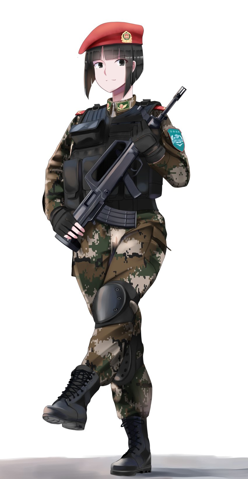 1girl, absurdres, assault_rifle, bangs, beret, black_eyes, black_hair, blunt_bangs