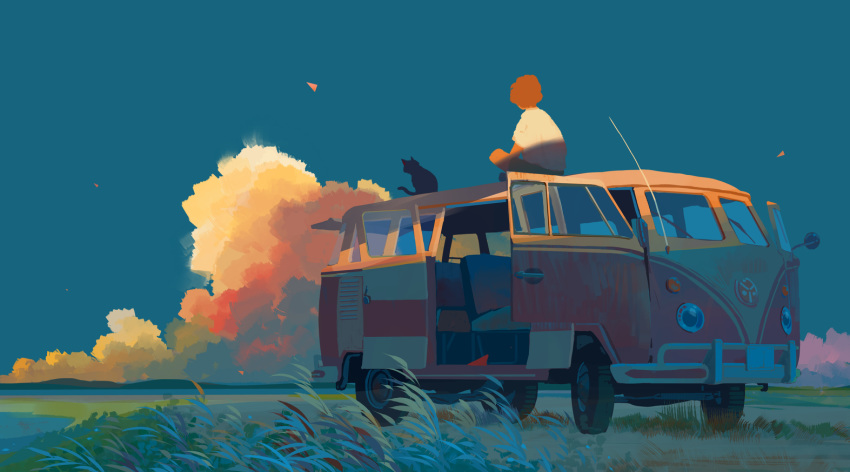 1boy, bangqiao_yan, cat, clouds, commentary, grass, hill, horizon, indian_style, male_focus, orange_hair, original, scenery, shorts, sitting, sky, solo, sunset, volkswagen, volkswagen_type_2, wind