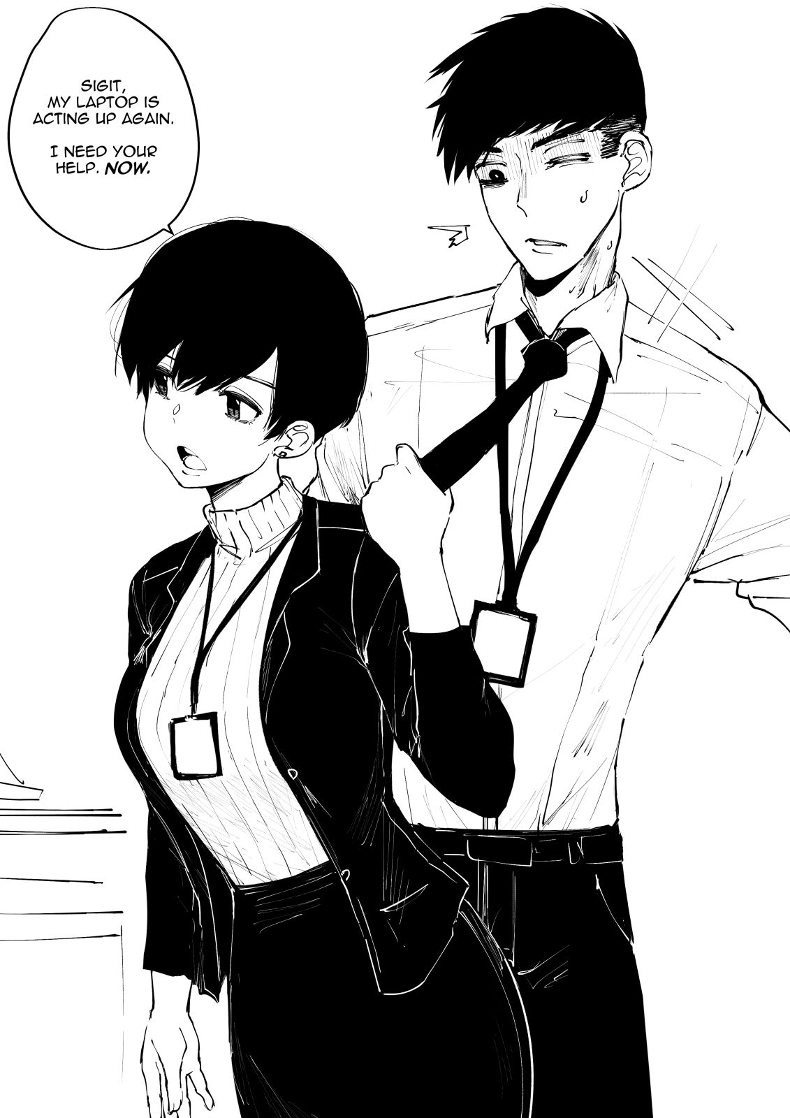 1boy, 1girl, blazer, commentary, english_commentary, english_text, greyscale, highres