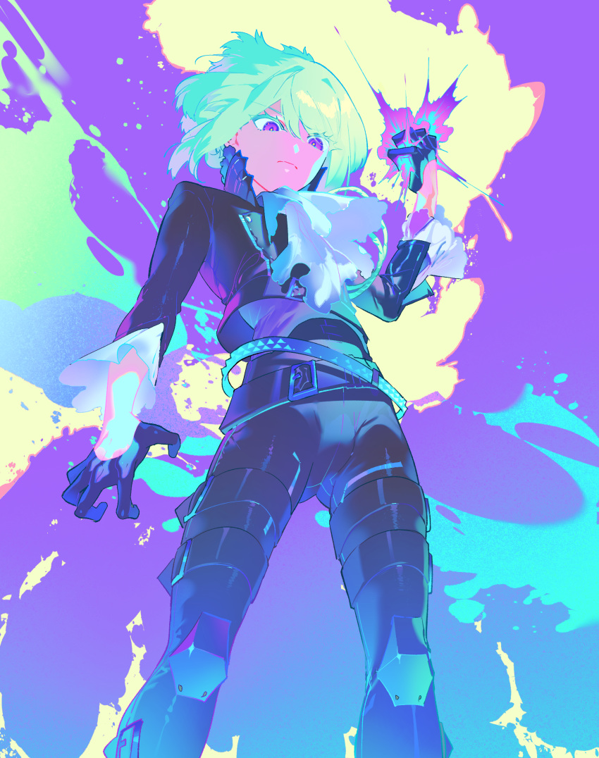 1boy, absurdres, belt, black_gloves, closed_mouth, frilled_sleeves, frills, gloves