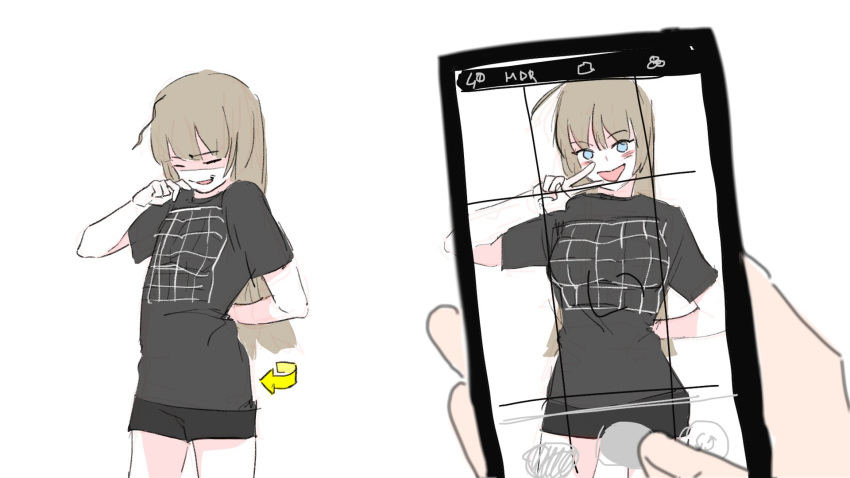 1girl, 1other, ahoge, arm_behind_back, bangs, black_shorts, blue_eyes, blunt_bangs, blush, breasts, brown_hair, closed_eyes, eyebrows_visible_through_hair, highres, holding, holding_phone, illusion_grid_t-shirt, long_hair, monorhea, open_eyes, original, phone, photo_(object), shaded_face, shirt, shorts, simple_background, sketch, small_breasts, smile, standing, t-shirt, taking_picture, v, white_background