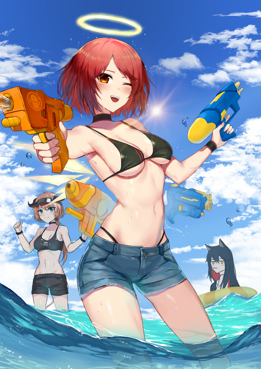 3girls, ;d, absurdres, animal_ears, aqua_eyes, arknights, armpits, bare_shoulders, bikini, bikini_under_clothes, black_bikini, black_hair, black_shorts, blue_shorts, blue_sky, breasts, choker, clouds, croissant_(arknights), denim, denim_shorts, dual_wielding, exusiai_(arknights), floating, floating_object, halo, highleg, highleg_bikini, highres, holding, horns, innertube, looking_at_viewer, low_ponytail, medium_breasts, multiple_girls, navel, ocean, one_eye_closed, open_mouth, orange_hair, outdoors, red_eyes, redhead, short_hair, short_shorts, shorts, sky, smile, stomach, string_bikini, sun, sunlight, swimsuit, telru, texas_(arknights), thighs, wading, water, water_gun, wet, wings, wolf_ears, wristband, yellow_eyes