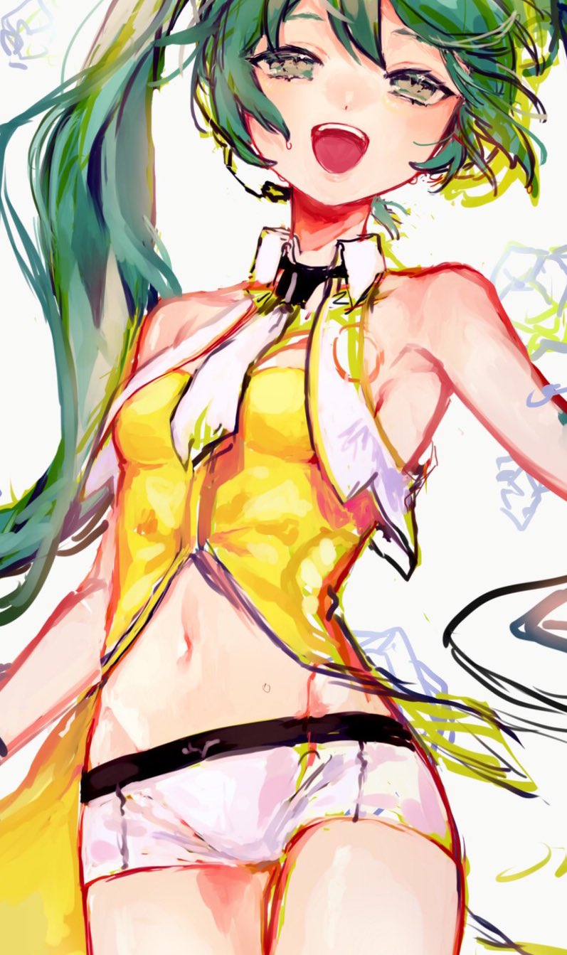 armpits, bare_shoulders, commentary, cowboy_shot, green_eyes, green_hair, hatsune_miku, headset