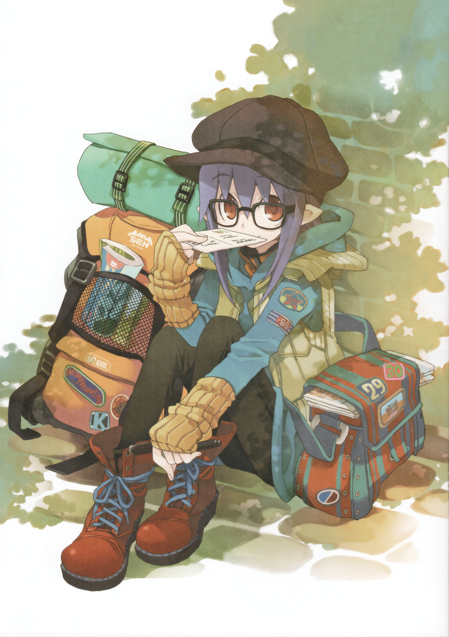 1girl, ankle_boots, backpack, bag, black_hair, black_pants, book, boots, brick_floor, brick_wall, brown_footwear, cabbie_hat, casual, glasses, hat, highres, hitsugi_katsugi_no_kuro, hood, hoodie, kiyuzuki_satoko, knees_up, kuro_(hitsugi_katsugi_no_kuro), long_hair, looking_at_viewer, magazine, pants, pen, pointy_ears, red_eyes, sitting, sitting_on_ground, sleeves_past_wrists, solo, travel, vest