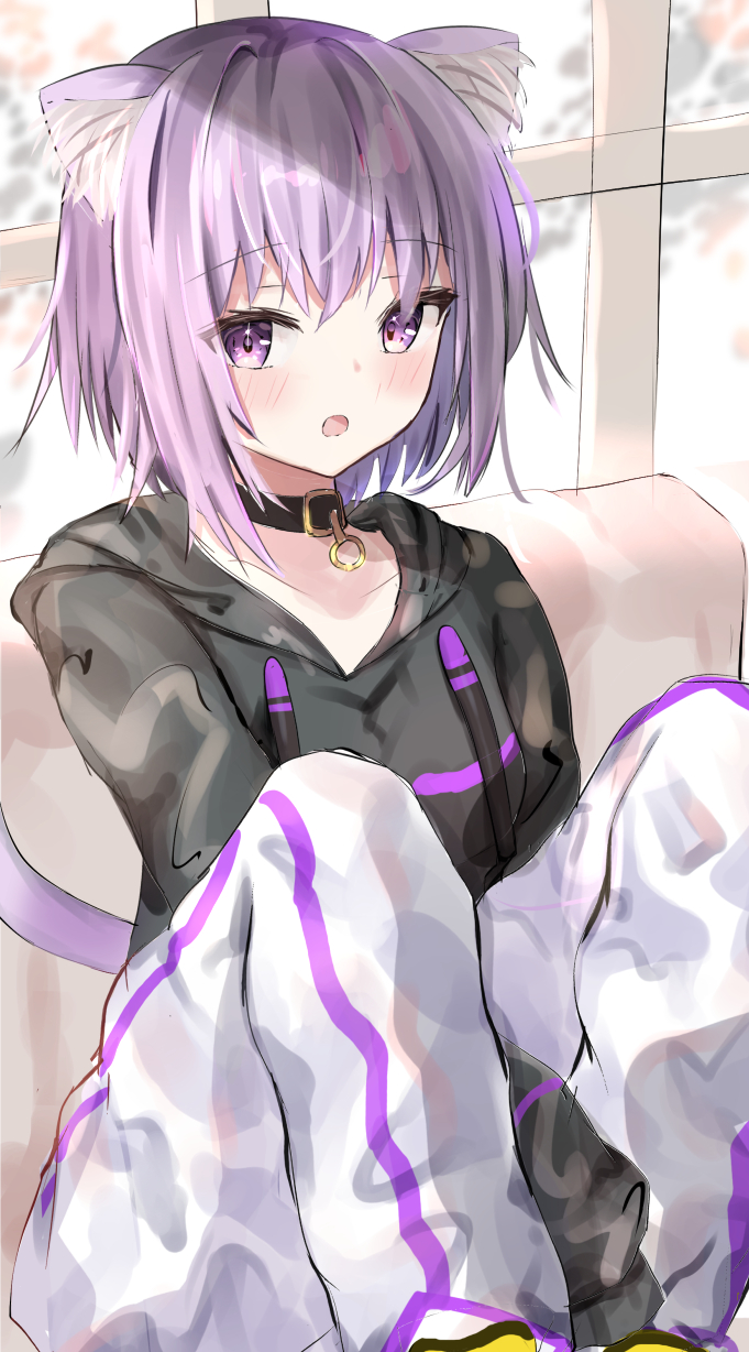 1girl, 1revy, :o, animal_ear_fluff, animal_ears, bangs, between_legs, black_hoodie