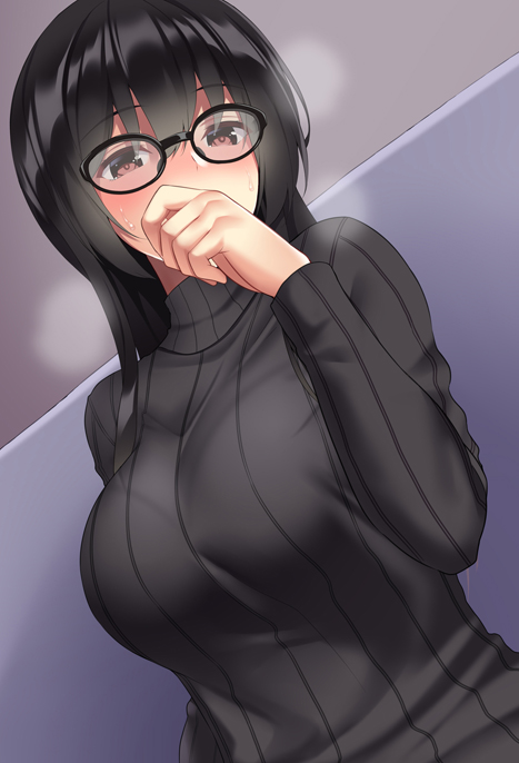 1girl, bangs, black_hair, black_sweater, blush, breasts, commentary_request, covering_mouth