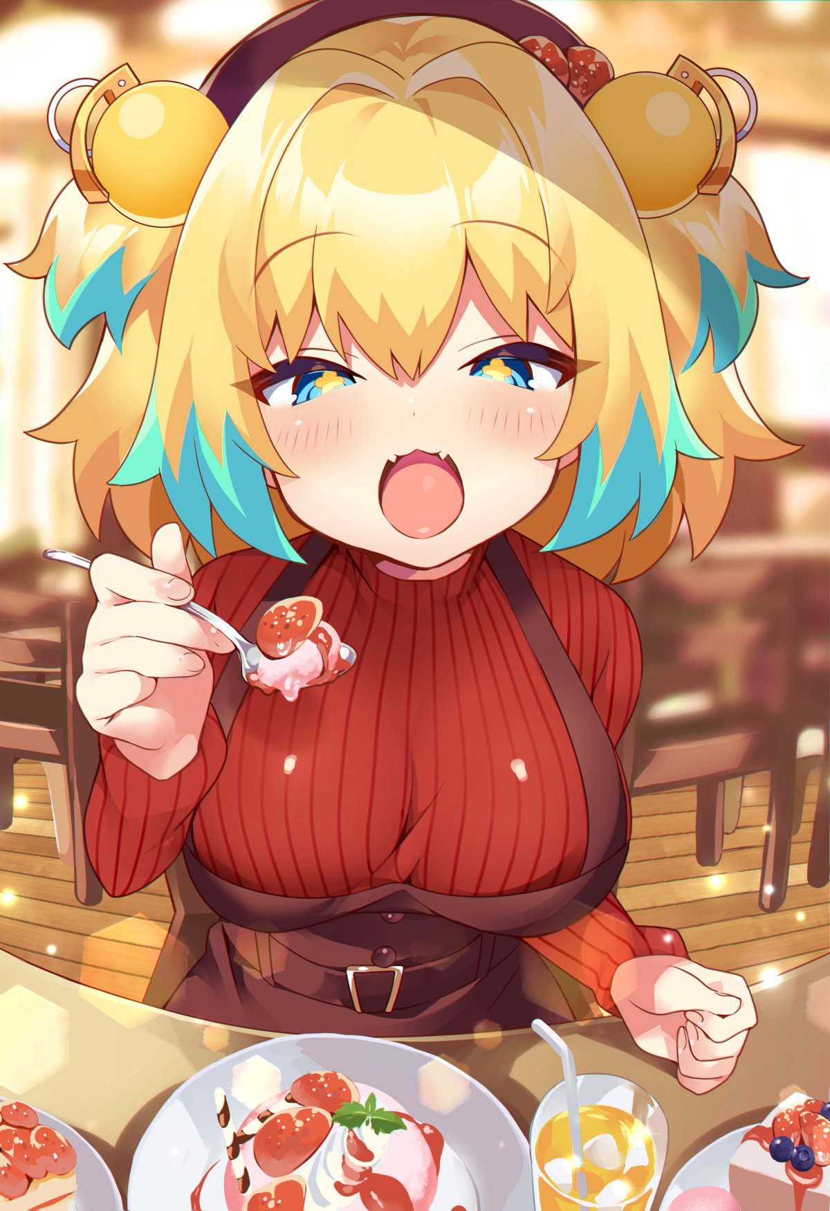 +_+, 1girl, :3, alternate_costume, bangs, belt, blonde_hair, blue_eyes
