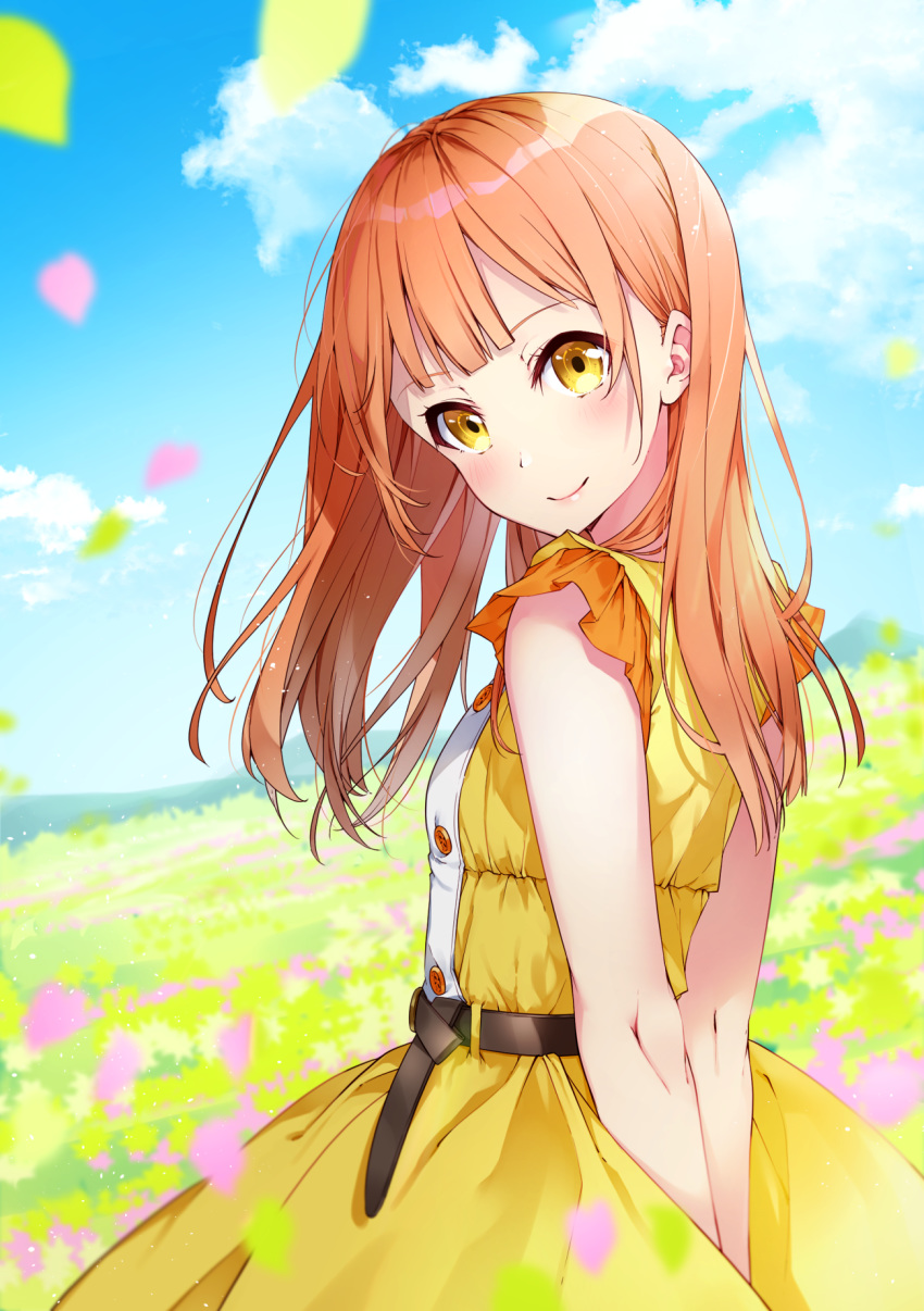 1girl, arms_behind_back, bangs, bare_shoulders, blue_sky, bon_(bonbon315), breasts, brown_hair