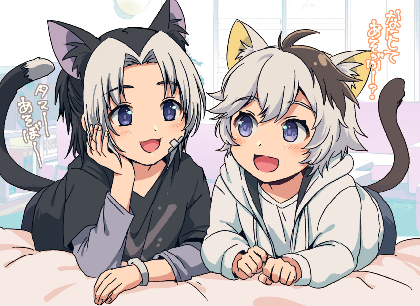2boys, animal_ears, blue_eyes, blush, brown_hair, cat_boy, cat_ears, eye_contact