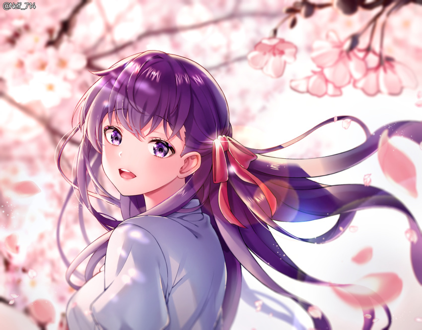 1girl, artist_name, bangs, breasts, cherry_blossoms, commentary_request, eyebrows_visible_through_hair, fate/stay_night