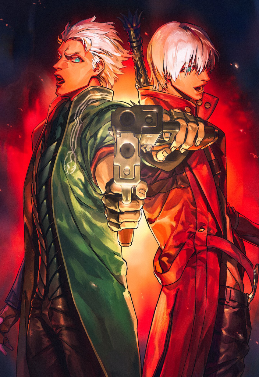 2boys, belt, black_belt, black_gloves, blue_eyes, brown_gloves, coat, dante_(devil_may_cry)