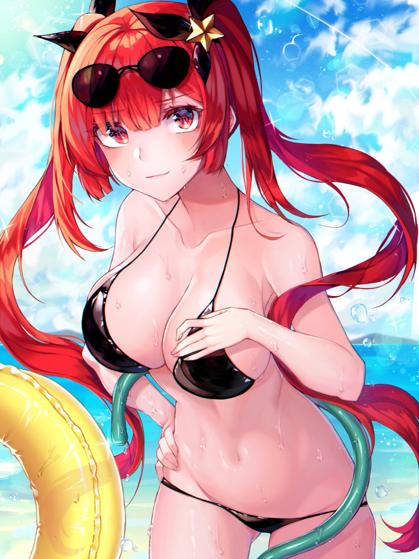 1girl, absurdres, azur_lane, bikini, black_bikini, black_ribbon, blue_sky, blush