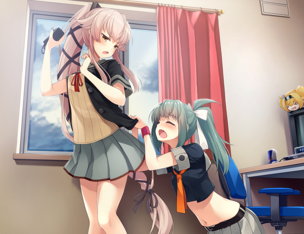 2girls, ac_adapter, black_gloves, black_jacket, black_shirt, blue_sky, can, chair, character_doll, closed_eyes, clouds, commentary_request, curtains, energy_drink, gambier_bay_(kantai_collection), game_console, gloves, green_hair, grey_sailor_collar, grey_skirt, hair_ribbon, indoors, jacket, kantai_collection, long_hair, midriff, mofu_namako, multiple_girls, neck_ribbon, neckerchief, open_mouth, orange_neckwear, pink_hair, pleated_skirt, ponytail, red_bull, red_ribbon, remodel_(kantai_collection), ribbon, sailor_collar, school_uniform, serafuku, shirt, short_sleeves, skirt, sky, super_famicom, television, very_long_hair, white_ribbon, window, yura_(kantai_collection), yuubari_(kantai_collection)