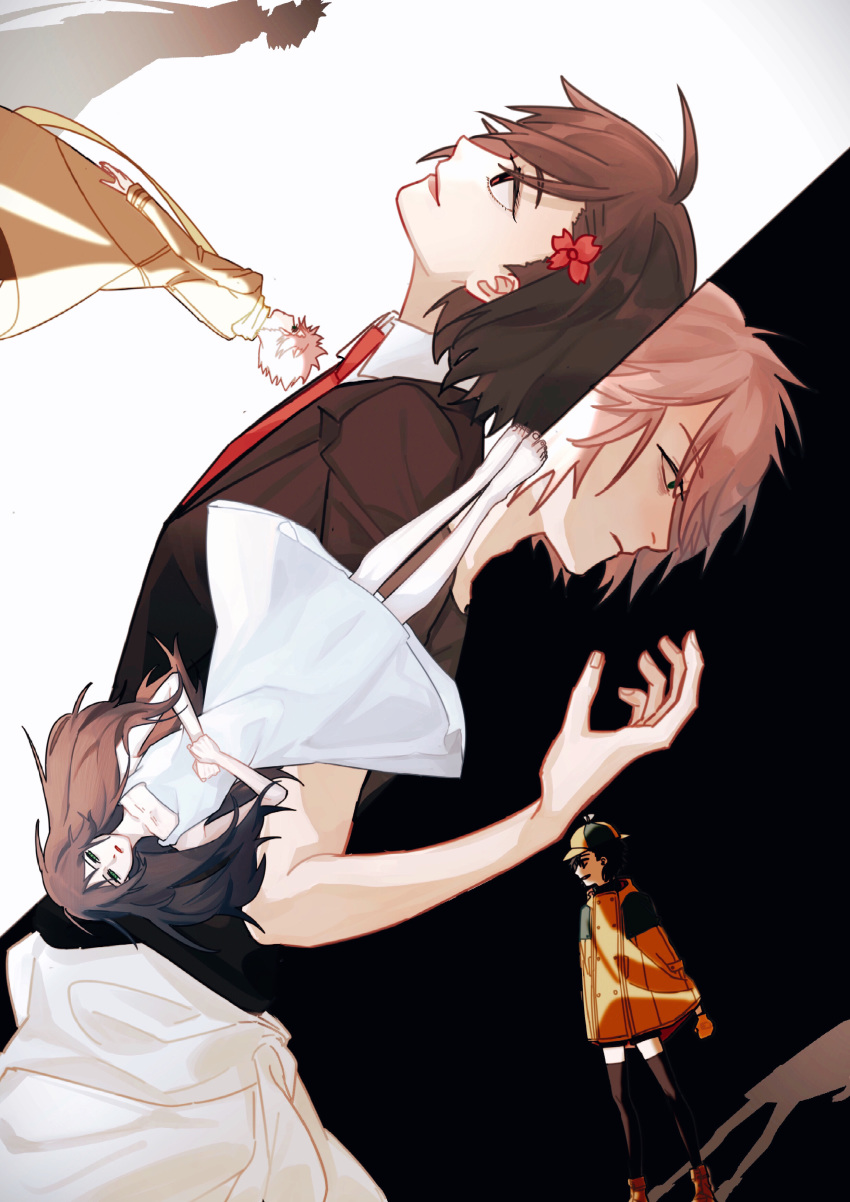 1boy, 2girls, absurdres, ahoge, arm_at_side, barefoot, black_background, black_hair