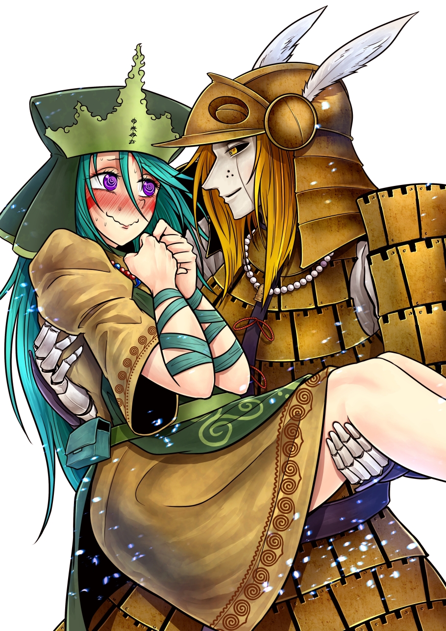 2girls, @_@, apron, aqua_hair, arm_ribbon, armor, bead_necklace, beads