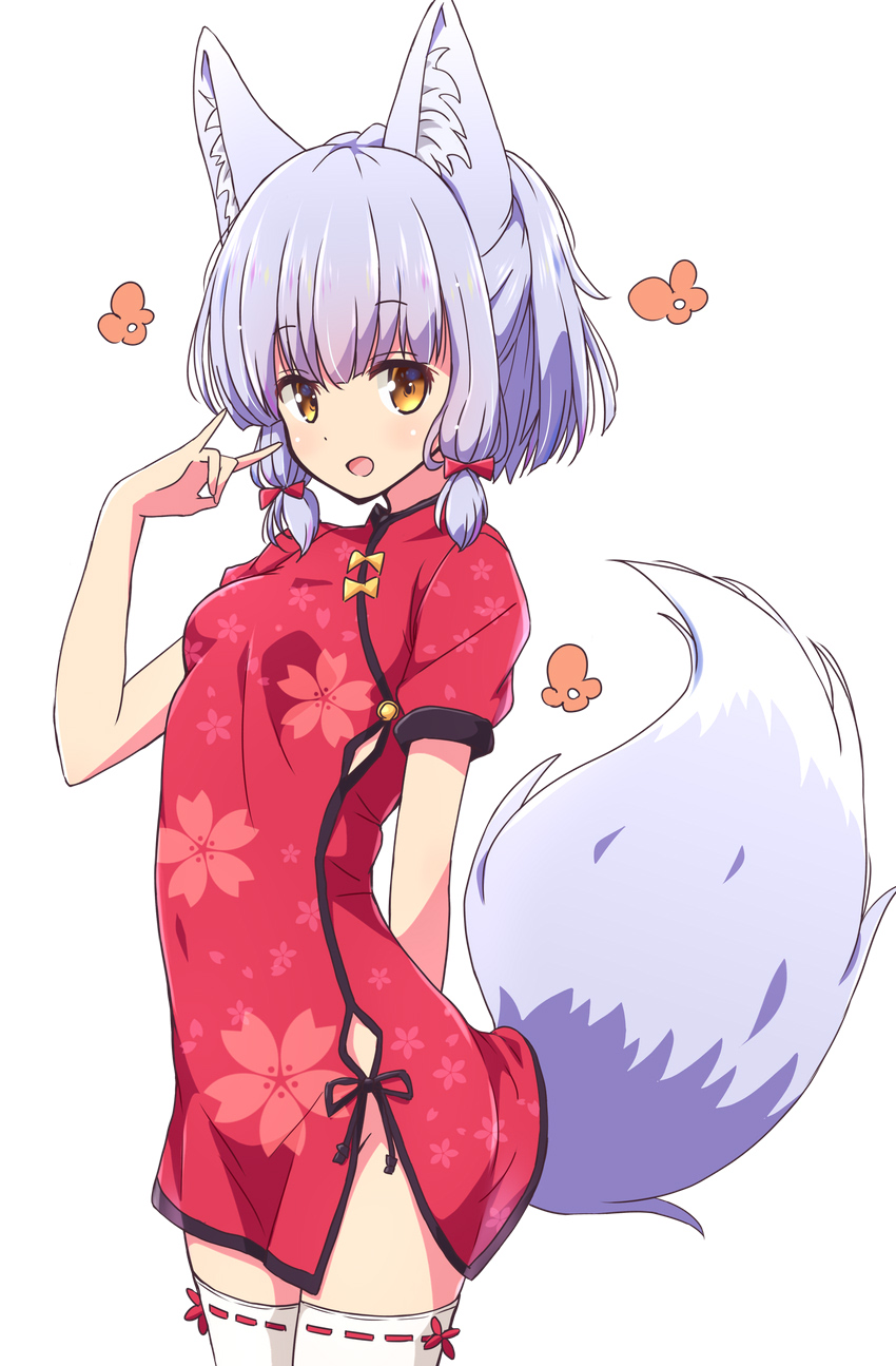 1girl, animal_ears, bow, breasts, china_dress, chinese_clothes, dress, fox_ears, fox_shadow_puppet, fox_tail, hair_bow, highres, machikado_mazoku, mel_(melty_pot), no_panties, open_mouth, red_bow, red_dress, ribbon-trimmed_legwear, ribbon_trim, riko_(machikado_mazoku), short_dress, short_hair, short_sleeves, side_slit, silver_hair, small_breasts, smile, solo, standing, tail, thigh-highs, white_legwear, yellow_eyes, zettai_karen_children