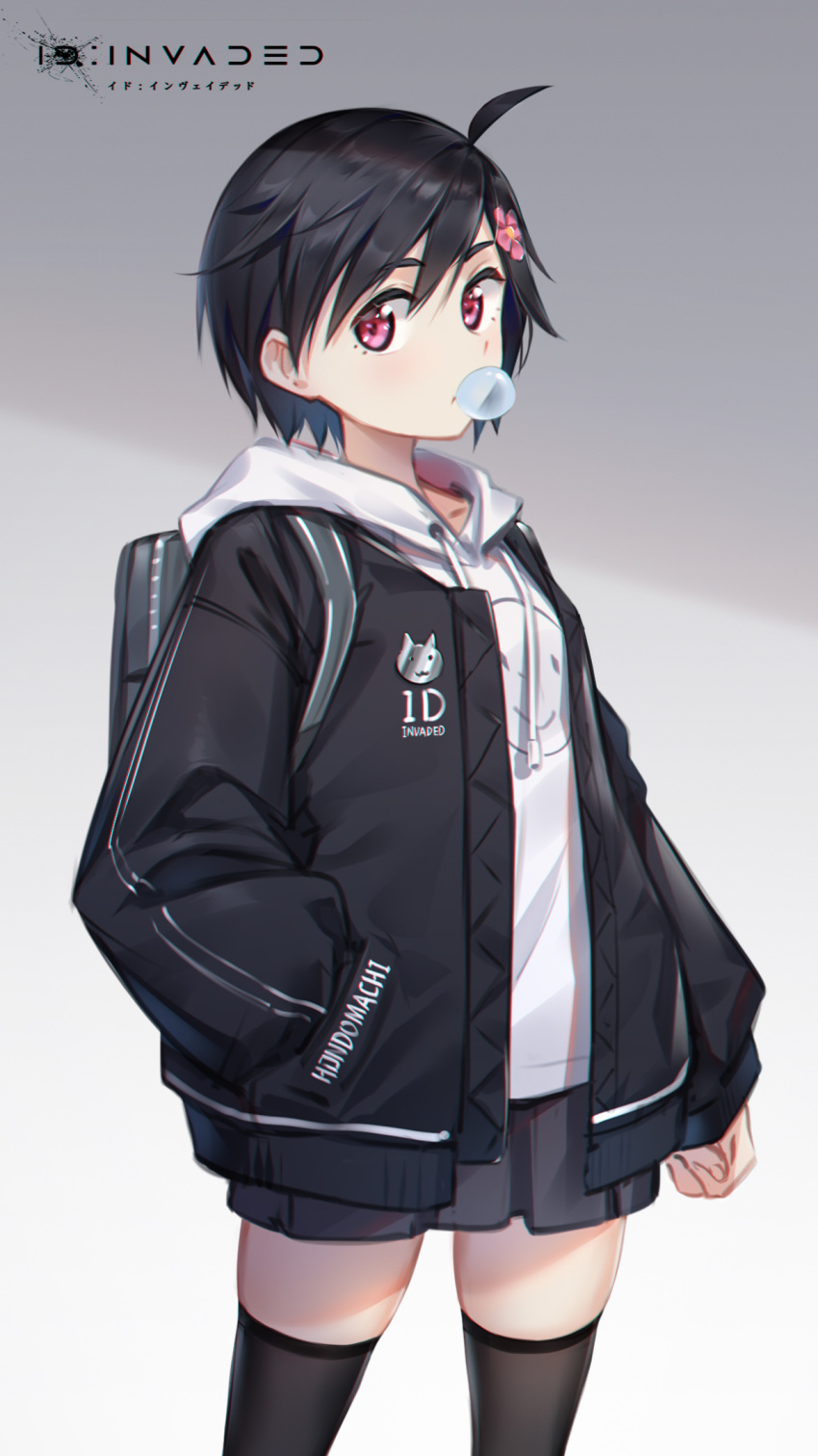 1girl, ahoge, arm_at_side, backpack, bag, bangs, black_hair, black_jacket