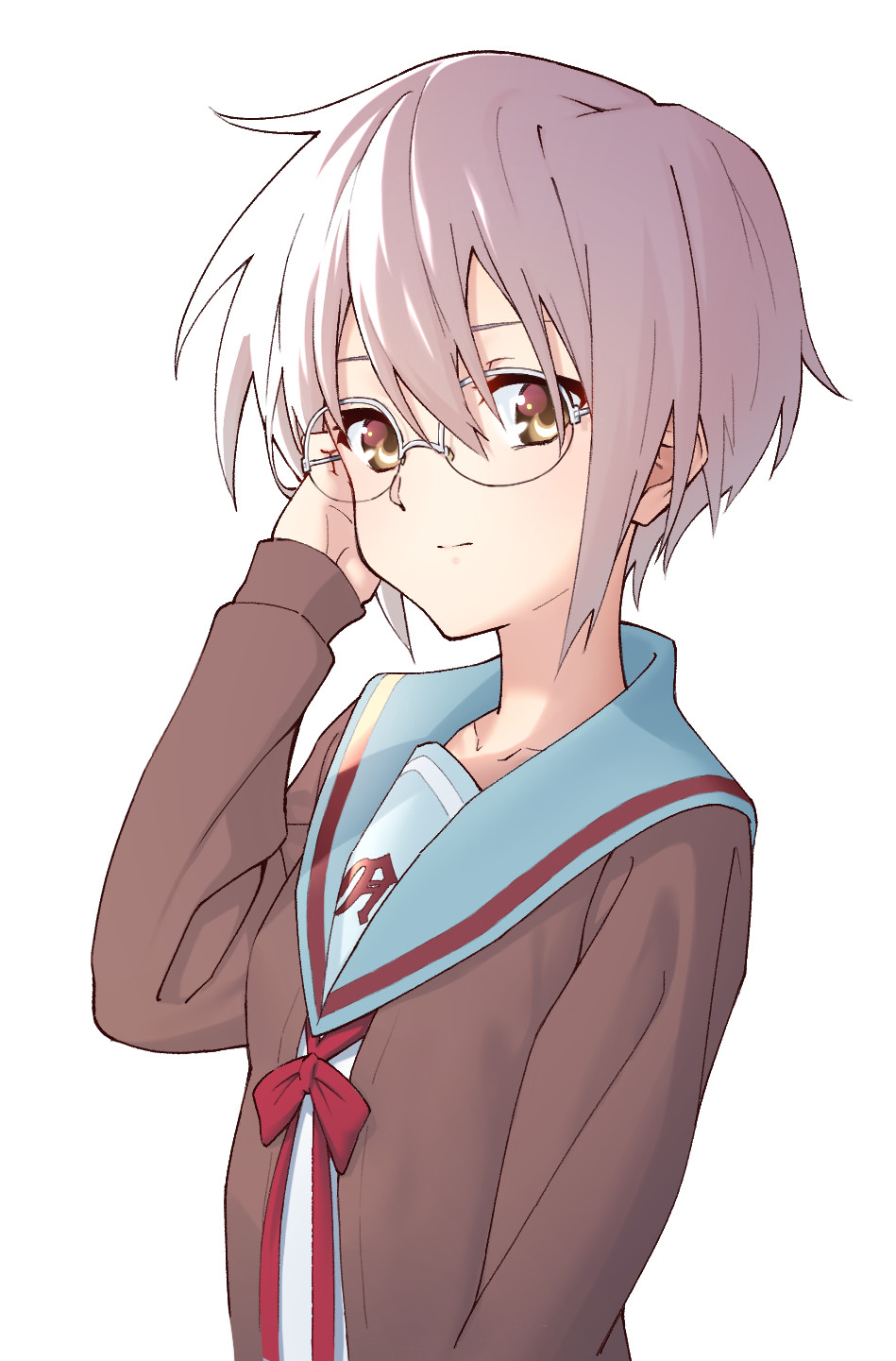 1girl, anco8pizz, black_jacket, blue_collar, brown_eyes, collar, collarbone, commentary, expressionless, glasses, hand_in_hair, hand_up, highres, jacket, kadokawa_shoten, kuudere, kyoto_animation, looking_at_viewer, nagato_yuki, nagato_yuki-chan_no_shoushitsu, neutral, purple_hair, ribbon, sailor_collar, school_uniform, serafuku, shirt, short_hair, solo, suzumiya_haruhi_no_yuuutsu, upper_body, white_shirt