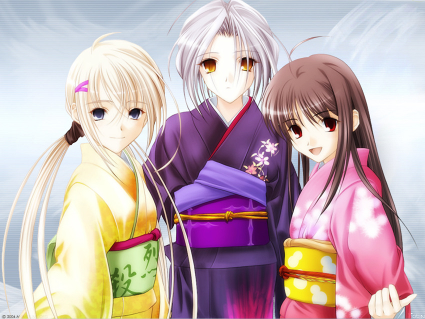 3girls, aizawa_kotaroh, blonde_hair, blue_eyes, brown_hair, half_pixels_carving, japanese_clothes, kimono