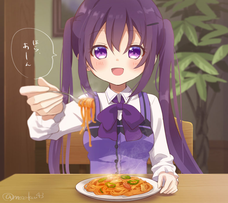 1girl, artist_name, blush, bowl, chair, eyebrows_visible_through_hair, facing_viewer, food