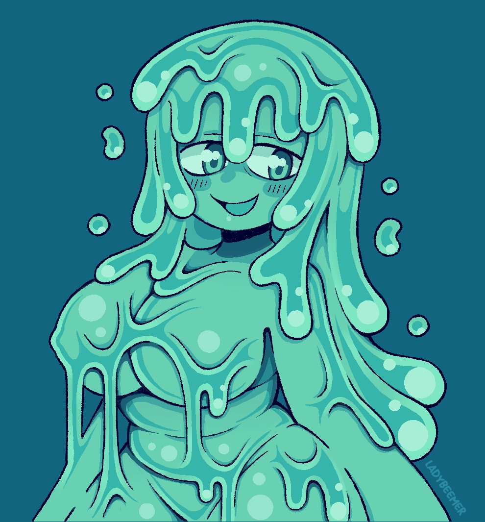 1girl, artist_name, blue_background, blush, breasts, green_eyes, green_hair, ishuzoku_reviewers, lady_beemer, large_breasts, long_hair, looking_at_viewer, lymee, monster_girl, open_mouth, plump, simple_background, slime, slime_girl, smile, solo