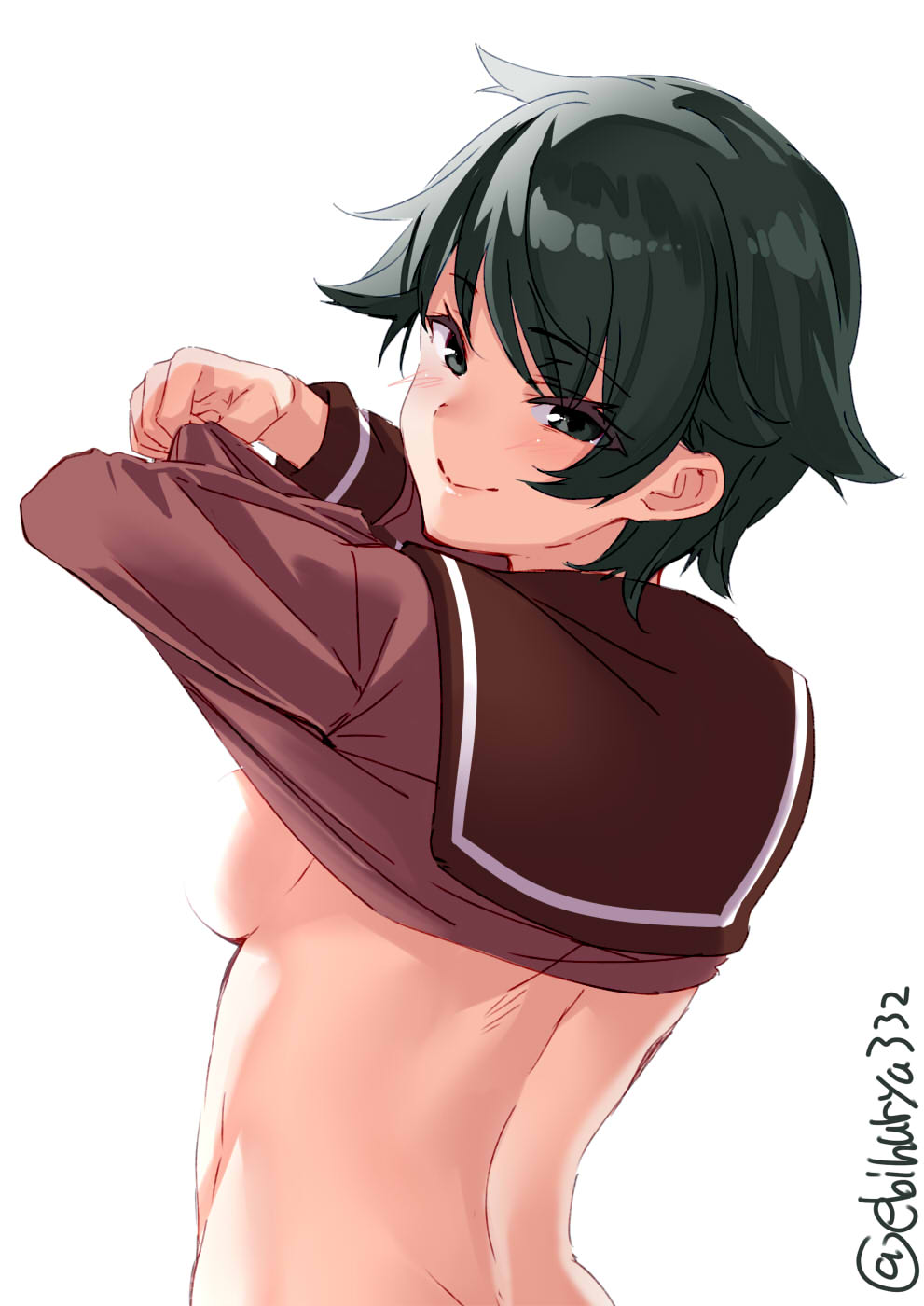 1girl, back, black_eyes, black_hair, blush, breasts, ebifurya, eyebrows_visible_through_hair, highres, kantai_collection, light_censor, long_sleeves, medium_breasts, mogami_(kantai_collection), school_uniform, serafuku, short_hair, simple_background, smile, solo, twitter_username, upper_body, white_background