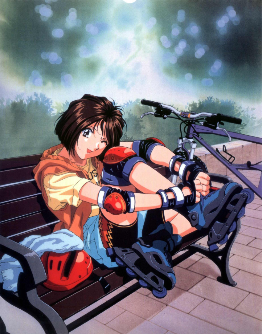 1990s_(style), 1girl, :d, aa_megami-sama, artist_request, bangs, bench, bicycle