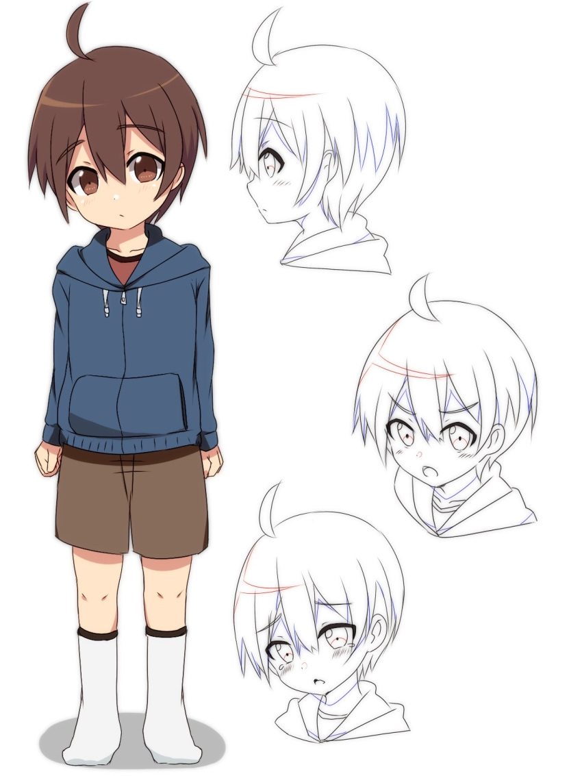 1boy, ahoge, brown_eyes, brown_hair, character_sheet, eyebrows_visible_through_hair, full_body, hair_between_eyes