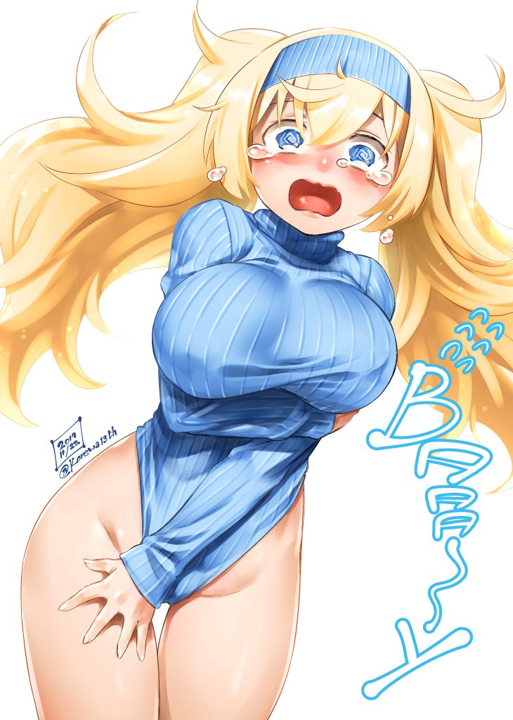 @_@, alternate_costume, arm_under_breasts, blonde_hair, blue_eyes, blue_leotard, blue_sweater, blush