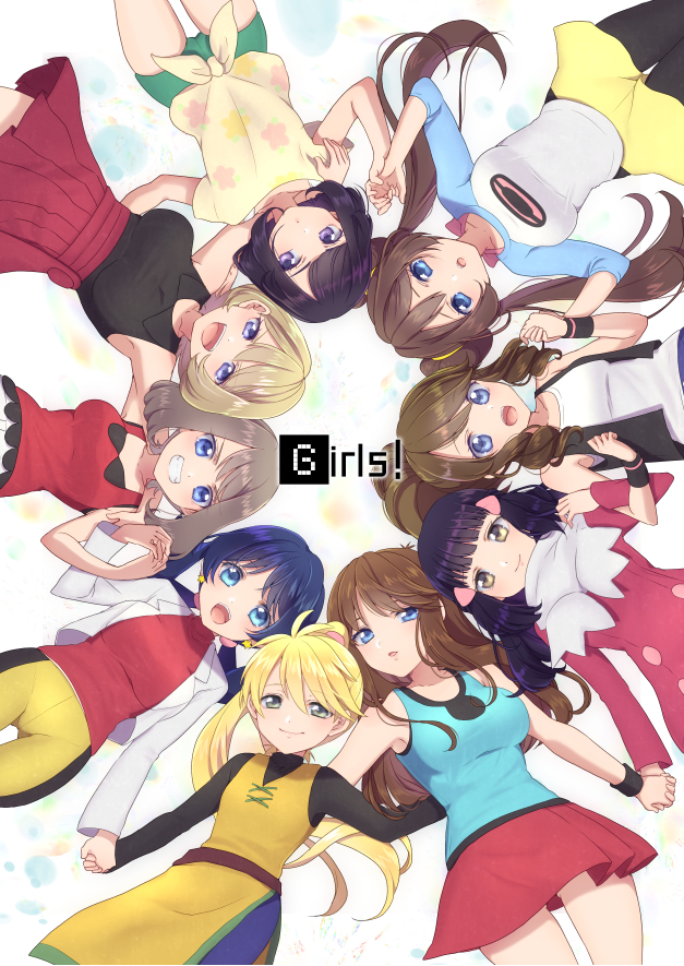 6+girls, arm_over_shoulder, armpits, bangs, black_hair, black_legwear, black_vest, black_wristband