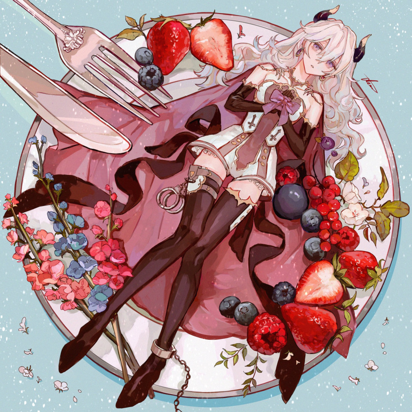 1girl, bangs, blueberry, bound, bound_wrists, branch, brown_gloves, cape, cuffs, earrings, flower, food, fork, fruit, gloves, hair_between_eyes, handcuffs, highres, horns, jewelry, knife, long_hair, lying, naluse_flow, on_back, original, plate, raspberry, ribbon, sleeveless, solo, strawberry, thigh-highs, violet_eyes, white_flower, white_hair