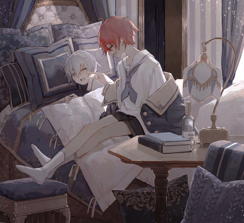 2boys, ahoge, bed, bedroom, black_footwear, blue_eyes, blue_hair, blue_jacket, book, bottle, cheek_poking, closed_eyes, fang, highres, indoors, jacket, lying, male_focus, multiple_boys, naluse_flow, one_eye_closed, open_mouth, original, pillow, poking, redhead, sailor_collar, sailor_shirt, shirt, sitting, smile, table, white_legwear